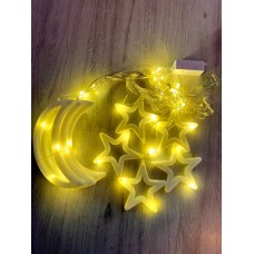 FİŞLİ ŞEFFAF KABLO 2 METRE EN 90CM-60CM -SIRALI SAÇAK BOY  AY VE YILDIZ SARI IŞIK İÇ MEKAN PERDE LED